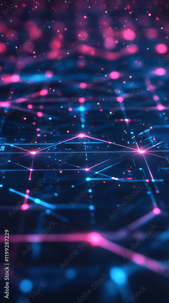 Poster digital plexus network transforming data flow, glowing blue and pink lines connecting interconnected