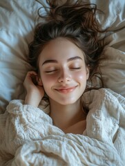 Obraz premium Sweet smile on a young woman's face as she wakes up. A sense of calm and serenity captured in a relaxed moment at home.