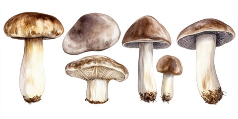 Illustration of four wild mushrooms. The mushrooms vary in color and size, with some having brown caps while others are green.