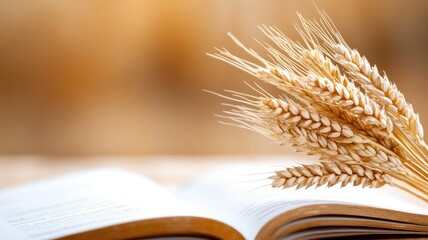 Golden wheat ears resting on open book, symbolizing knowledge and agriculture