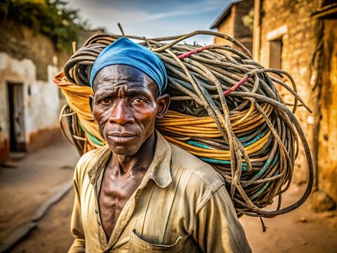 Urban Exploration: Diola Man Carrying Wires, Kaschouane, Senegal