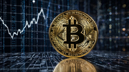 Bitcoin coin floating in a virtual space with a background of financial graphs and data streams

