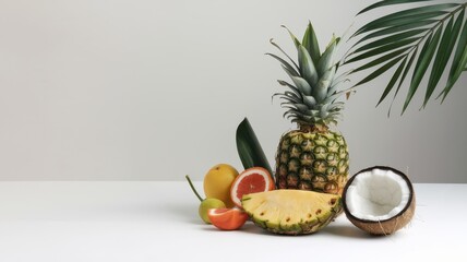 Tropical Fruits Arranged On White Background With Palm Leaf