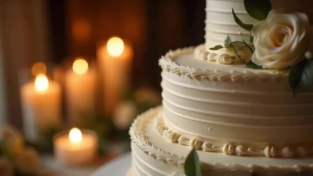Traditional wedding cake with classic white icing and a silver cake topper, surrounded by soft candlelight and floral arrangements