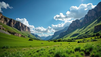 Fototapeta premium A verdant grassy expanse with vibrant white blooms adorns the foreground, while a sun-dappled dirt path winds through. Majestic trees line the right, adding depth and tranquility to this serene outdoo