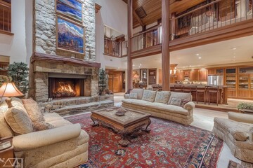 Luxurious Living Room with Stone Fireplace and High Ceilings