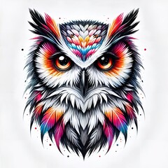 Fototapeta premium Colorful watercolor print of an owl’s head, artistic design for white T-shirt, copy space