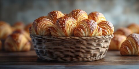Golden Croissants in a Rustic Basket: A Delightful Bakery Scene