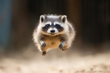 Fototapeta premium Raccoon leaps playfully in the sunlight during a lively afternoon in the forest