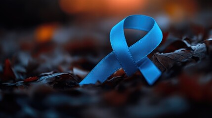 Blue breast cancer awareness ribbon on a fallen leaf background, symbolizing support and solidarity in the fight against the disease.