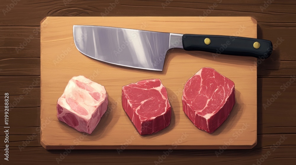 Poster a meat cleaver resting on a butcher's block next to raw beef chunks and bone marrow