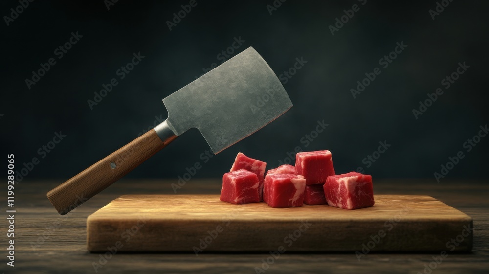 Poster a meat cleaver resting on a butcher's block next to raw beef chunks and bone marrow