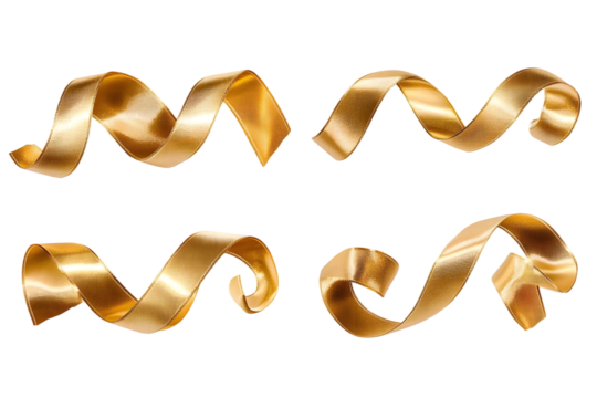 Gold ribbon satin bow curly scroll png set isolated on transparent background for Christmas, birthday and wedding card confetti design decoration