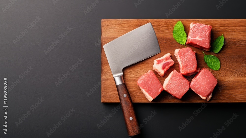 Poster a meat cleaver resting on a butcher's block next to raw beef chunks and bone marrow