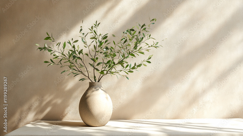 Poster elegant green branches in a vase illuminated by soft natural light in a serene setting