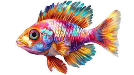 Fototapeta premium A coral reef fish with bright scales, isolated on a seamless white background,