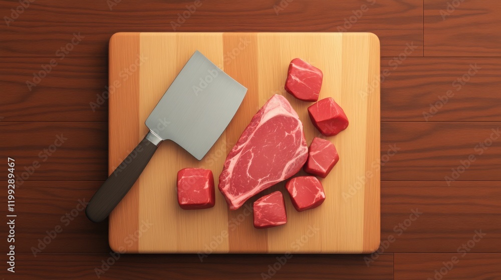 Poster a meat cleaver resting on a butcher's block next to raw beef chunks and bone marrow