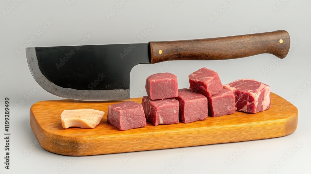 Poster a meat cleaver resting on a butcher's block next to raw beef chunks 