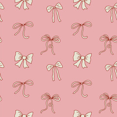 Girly pattern with bows and ribbons. Hand drawn vector pattern. Doodle style. Illustration for wrapping paper, wallpaper, clothing and more.