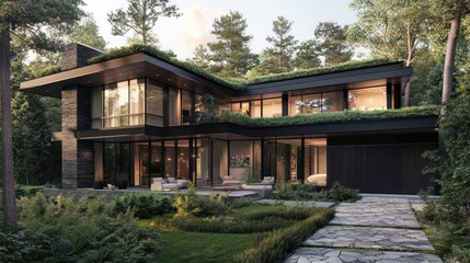 Modern Architectural Masterpiece: Luxurious Green Roof Home in Wooded Setting
