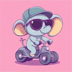 Gray elephant with cap and glasses rides toy car on pink background for children