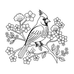 A vintage illustration of cardinalidae bird sitting on floral branch