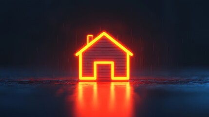 A glowing neon house symbol against a dark background, reflecting on the surface, evoking warmth and a sense of home.