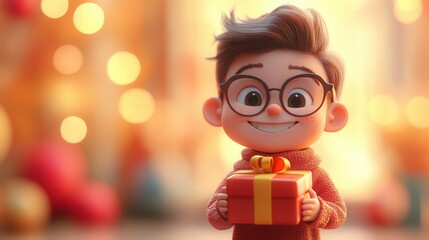 A joyful 3D animated boy smiling widely while holding a red ribboned gift