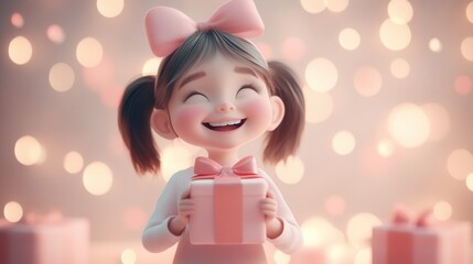 A happy 3D animated girl smiling while holding a gift 