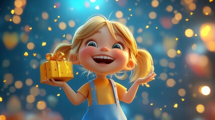 A happy 3D animated girl smiling while holding a gift 