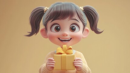 A happy 3D animated girl smiling while holding a gift 