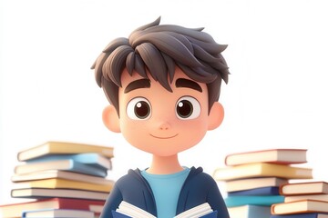 3D cartoon-style boy with stacks of books on a white background