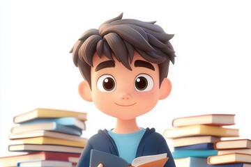 3D cartoon-style boy with stacks of books on a white background