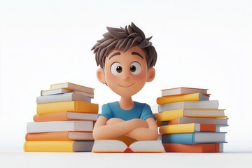 3D cartoon-style boy with stacks of books on a white background
