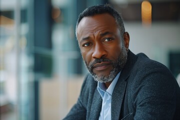 Fototapeta premium A focused man with a thoughtful expression, showcasing deep contemplation in a modern workspace setting.