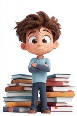 3D cartoon-style boy with stacks of books on a white background