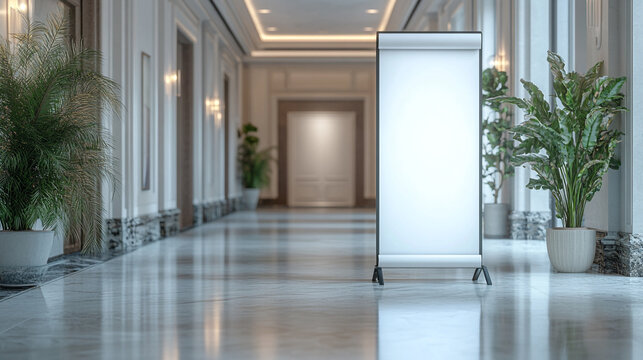 Elegant lobby setting with a blank display stand and lush indoor plants