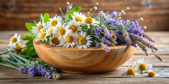 A delicate wildflower arrangement with herbs like chamomile and lavender in a rustic wooden bowl , home decor, botanical