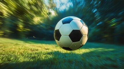 Fototapeta premium A soccer ball flying at high speed against a blurred green field background, captured in a dynamic shot, perfect for illustrating sports, football matches, and active events