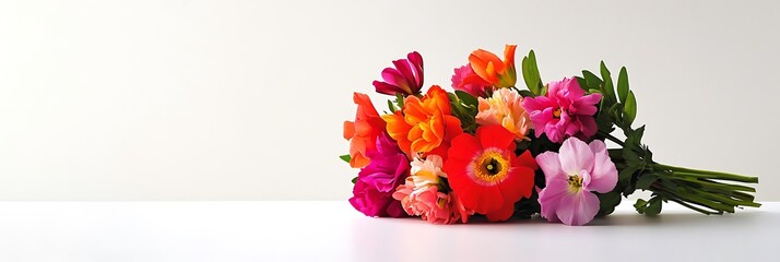 A balanced and bright bouquet of seasonal flowers on a clean white surface