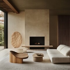 Modern Minimalist Living Room With Stone Fireplace