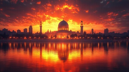 Majestic sunset over a city skyline featuring a grand mosque, reflecting on calm waters below