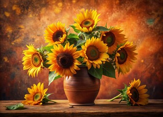 Obraz premium Vintage Summer Sunflowers Bouquet Terracotta Background AI Photo