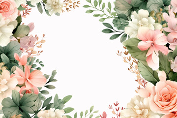 Obraz premium Watercolor Floral Border, illustration with green gold leaves background for wedding invitations