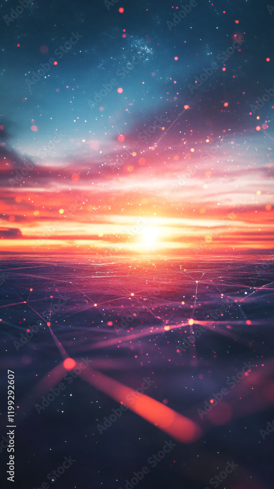 Leinwandbilder light trails and nodes forming a network over a beautiful sunset with stars and nebulae in the backg