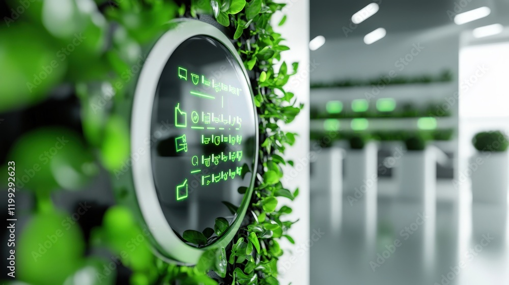 Poster modern interior design with greenery and digital display in a bright open space