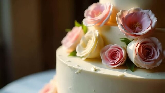 Wedding cake decorated with white butter icing and  pink and white roses
