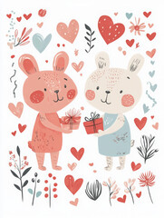 Fototapeta premium Create a cute and heartwarming Valentine's Day illustration on a white background. Include two adorable characters, such as a couple of teddy bears or bunnies, holding hands or exchanging gifts