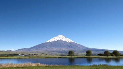 Scenic view of a snow-capped mountain reflecting in a calm lake.
