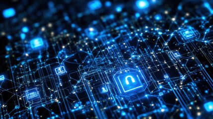 Fototapeta premium Abstract digital network with glowing blue lines and locks representing cybersecurity technology